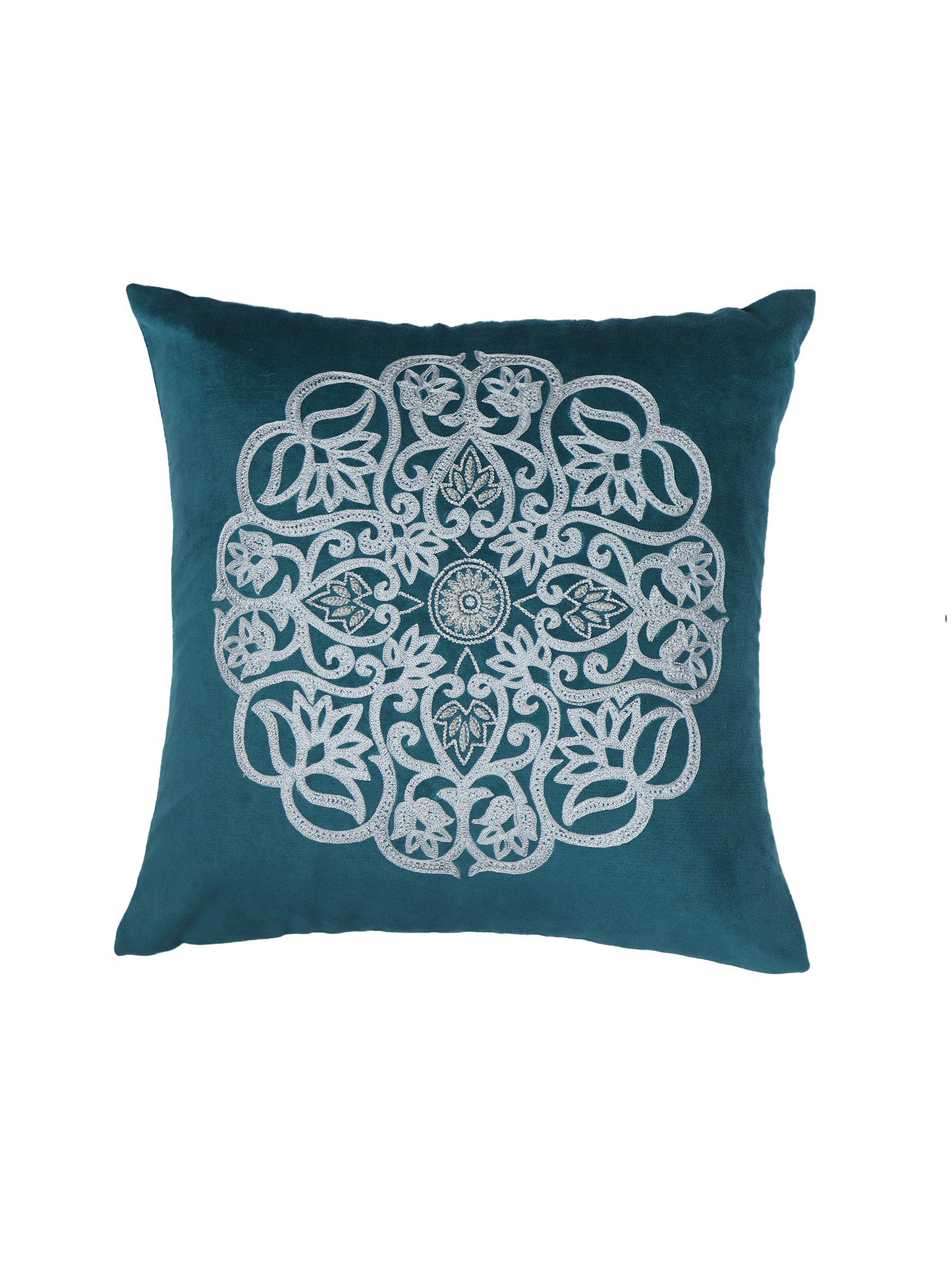 Hand Embroidered Cushion Cover - Luxe Collection | Sofa, Bedroom, Couch | Polycanvas Motif Embroidery - Teal Blue - 16x16 inch (40x40 cms) (Pack of 1)