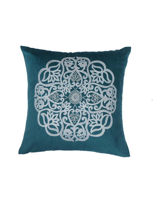 Hand Embroidered Cushion Cover - Luxe Collection | Sofa, Bedroom, Couch | Polycanvas Motif Embroidery - Teal Blue - 16x16 inch (40x40 cms) (Pack of 1)