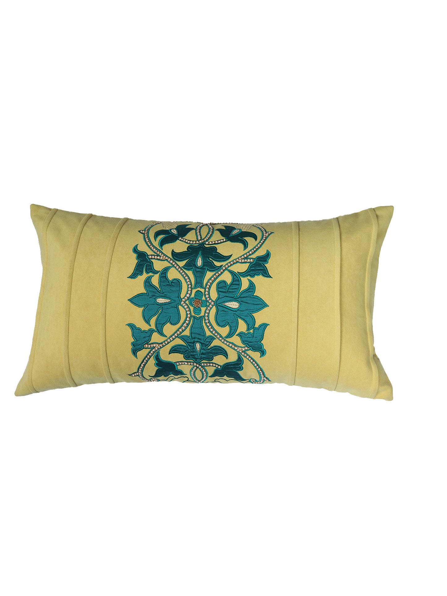 Hand Embroidered Cushion Cover - Luxe Collection | Sofa, Bedroom, Couch | Polycanvas Applique with Floral Embroidery and Moti Work- Yellow - 12x22 inch (30x55 cms) (Pack of 1)