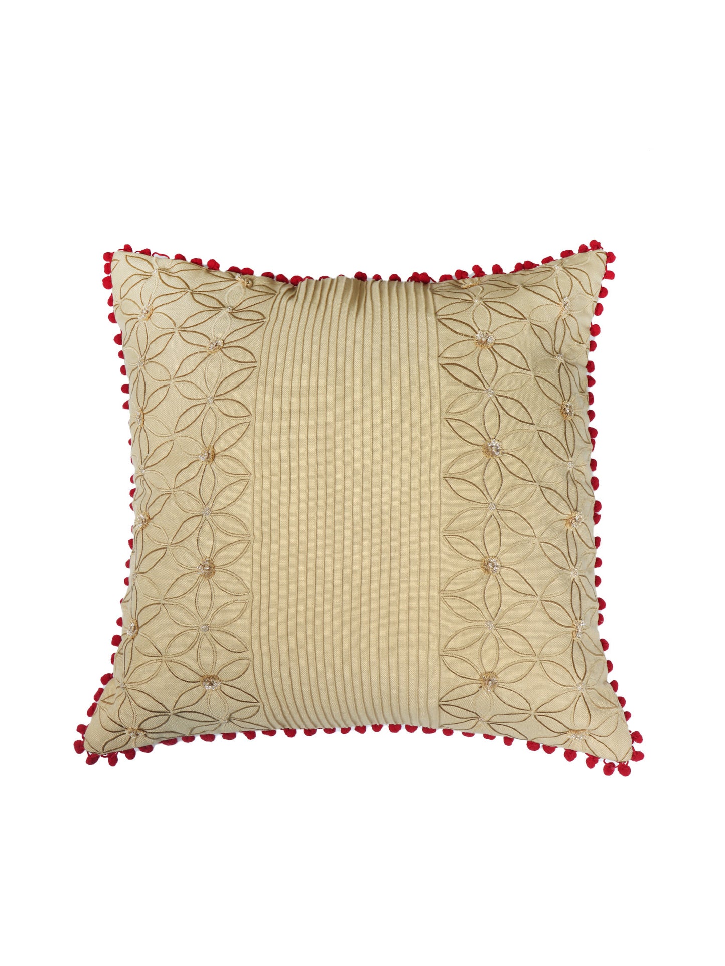 Hand Embroidered Cushion Cover - Luxe Collection | Sofa, Bedroom, Couch | Polycanvas Embroidery with Pompoms - Cream - 18x18 inch (45x45 cms) (Pack of 1)