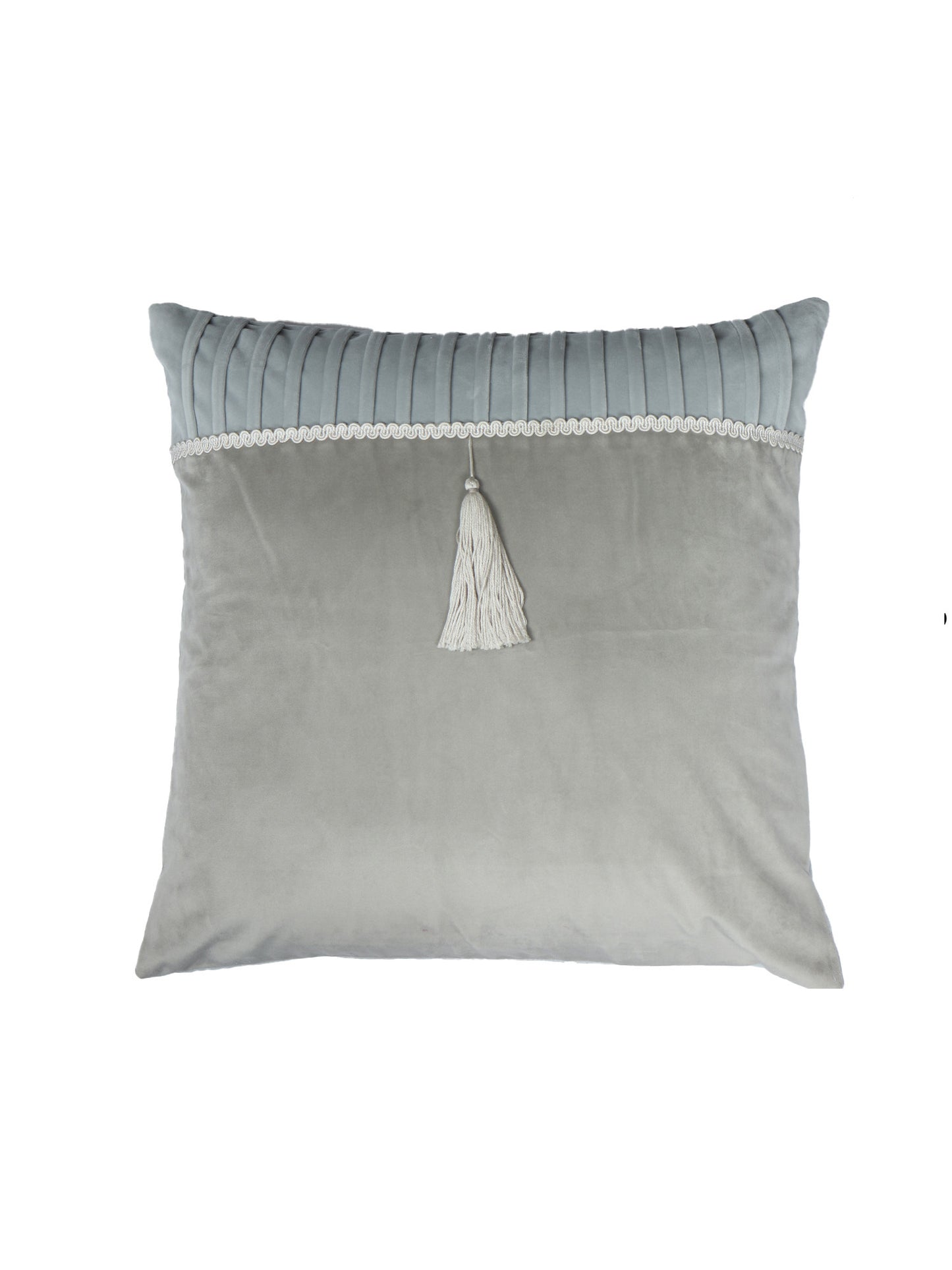 Velvet Cushion Cover - Luxe Collection | Sofa, Bedroom, Couch | Pleated with Lace and Tassle - Gray - 16x16 inch (40x40 cms) (Pack of 1)