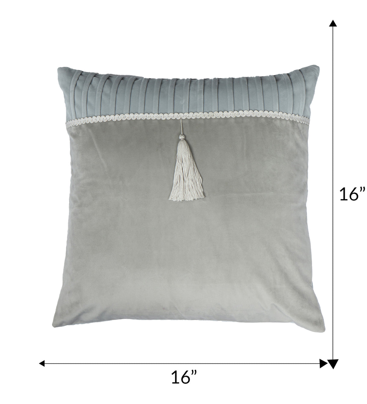 Velvet Cushion Cover - Luxe Collection | Sofa, Bedroom, Couch | Pleated with Lace and Tassle - Gray - 16x16 inch (40x40 cms) (Pack of 1)