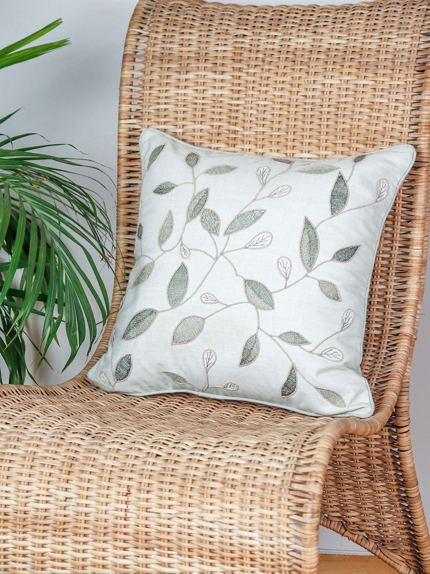 Hand Embroidered Luxe Collection Cushion Covers | Leave Embroidery Mint - 16x16 Inches