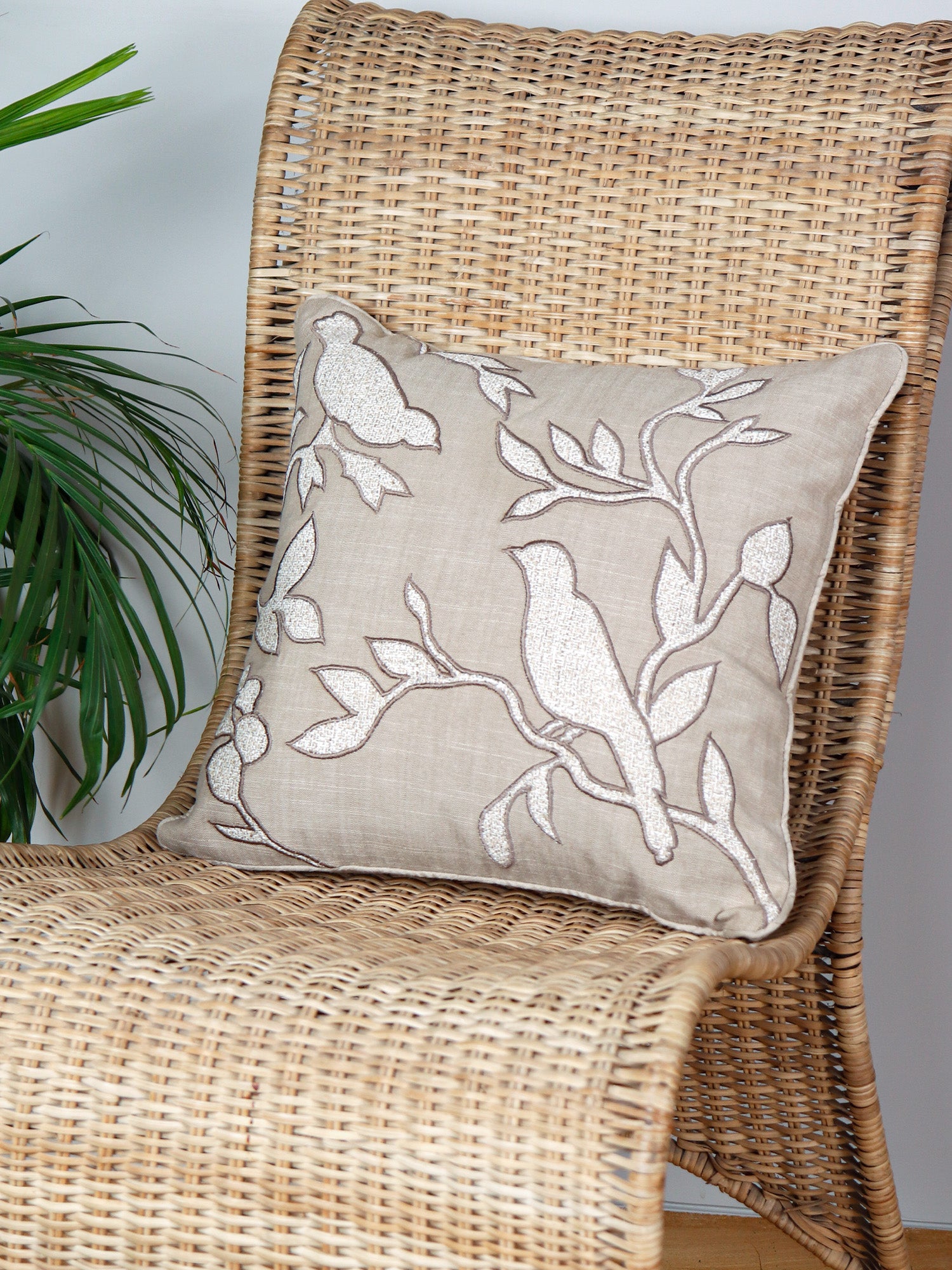 Hand Embroidered Luxe Collection Cushion Cover | Tree Leaves with Bird Applique Embroidery Off White - 16x16 Inches