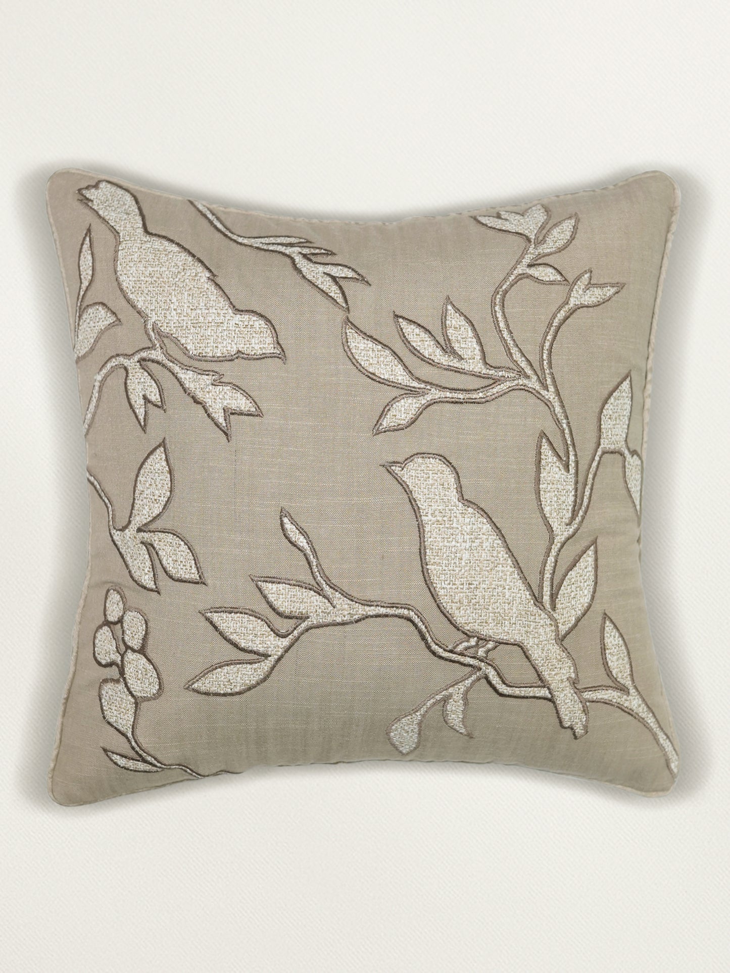 Hand Embroidered Luxe Collection Cushion Cover | Tree Leaves with Bird Applique Embroidery Off White - 16x16 Inches