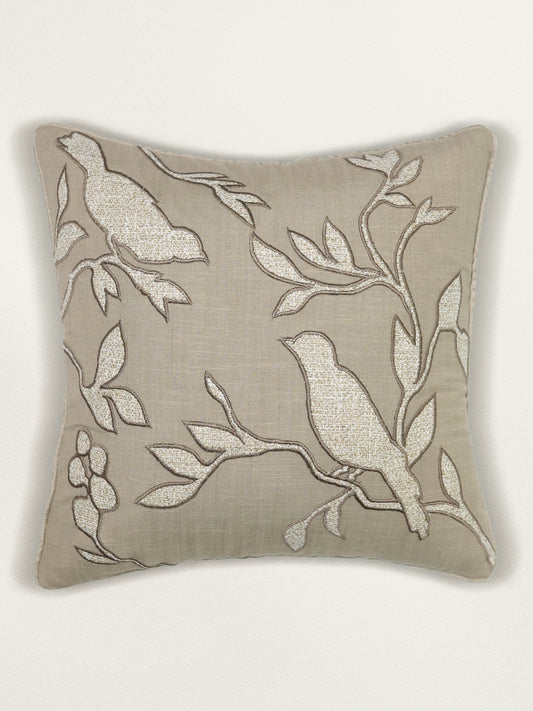 Hand Embroidered Luxe Collection Cushion Cover | Tree Leaves with Bird Applique Embroidery Off White - 16x16 Inches