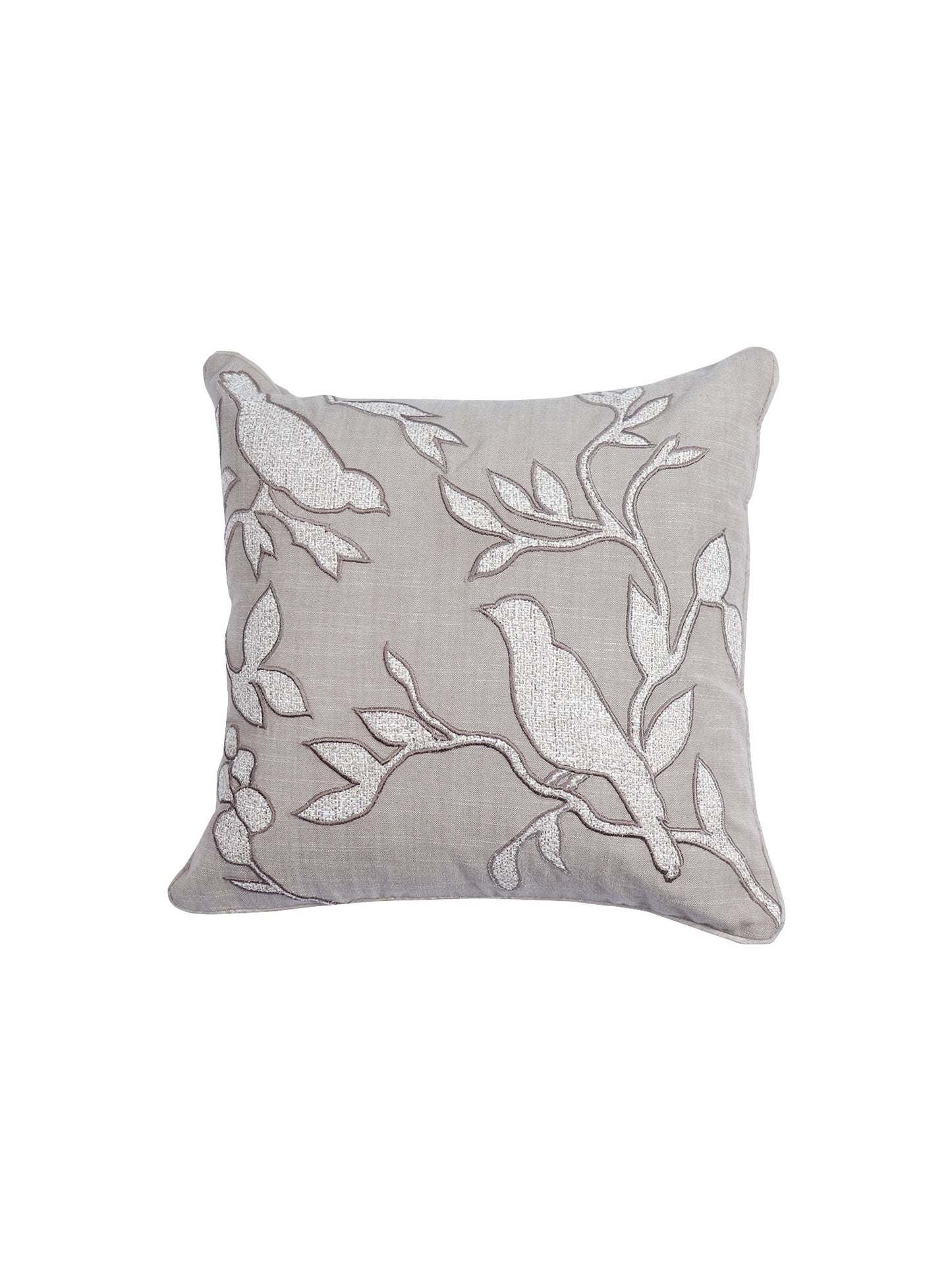 Hand Embroidered Luxe Collection Cushion Cover | Tree Leaves with Bird Applique Embroidery Off White - 16x16 Inches