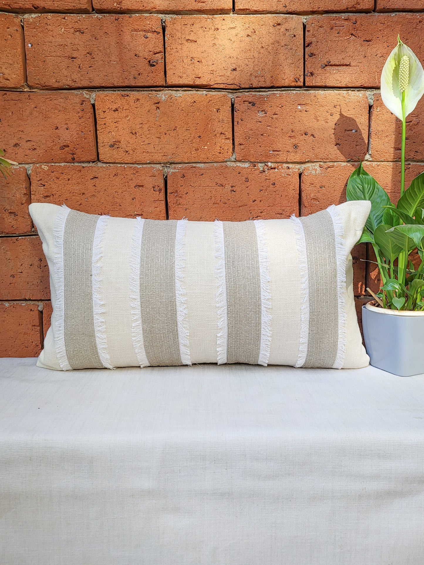 ZEBA Cushion Cover - Luxe Collection | Sofa, Bedroom, Couch | Patchwork with Frayed Edges | Grey - Poly Cotton | 12x22 inch (30x55 cms) (Pack of 1)