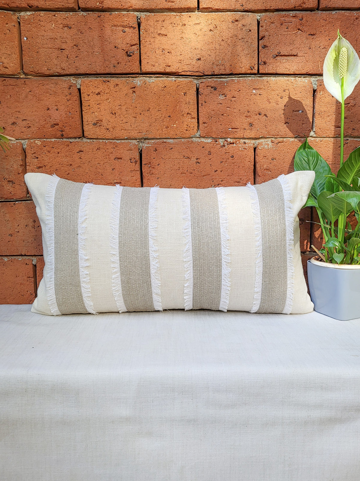ZEBA Cushion Cover - Luxe Collection | Sofa, Bedroom, Couch | Patchwork with Frayed Edges | Grey - Poly Cotton | 12x22 inch (30x55 cms) (Pack of 1)