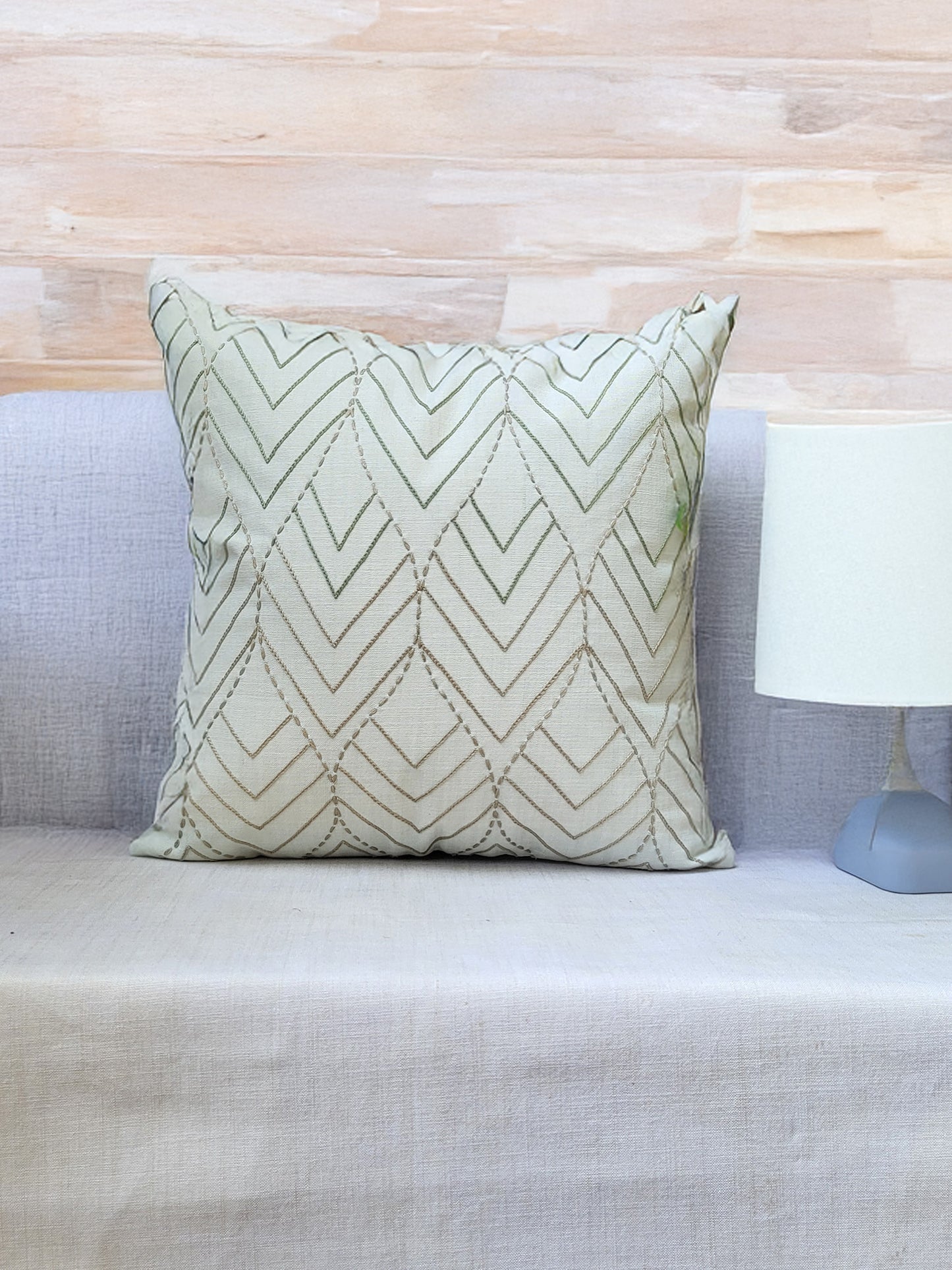 Hand Embroidered Cushion Cover | Chawal Taka on Leaves Pattern Mint Green - 16 x 16 Inches