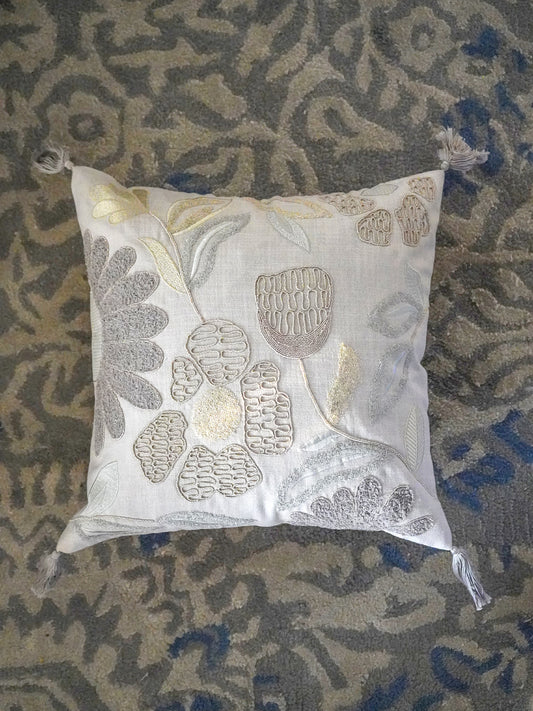 Polyester Blend Grey Cushion Cover- Machine and Hand Embroidered with Tassels|16x16 inch, set of 1