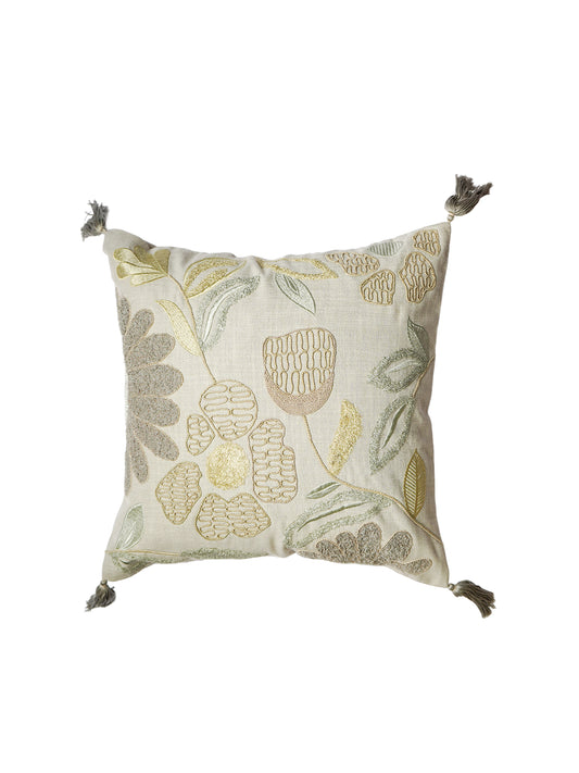 Polyester Blend Grey Cushion Cover- Machine and Hand Embroidered with Tassels|16x16 inch, set of 1
