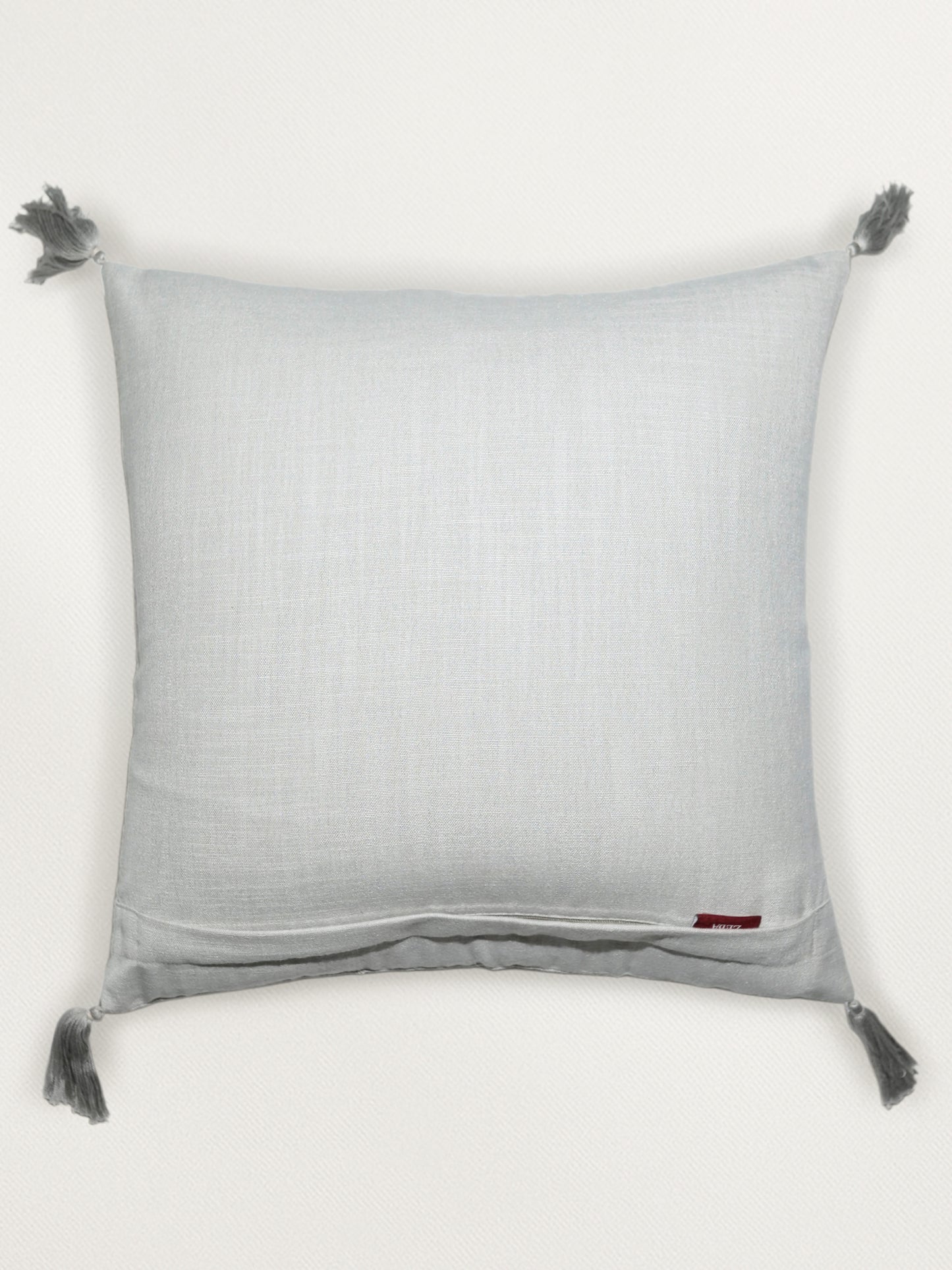 Polyester Blend Grey Cushion Cover- Machine and Hand Embroidered with Tassels|16x16 inch, set of 1