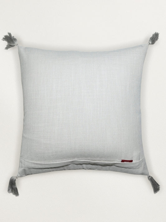 Polyester Blend Grey Cushion Cover- Machine and Hand Embroidered with Tassels|16x16 inch, set of 1