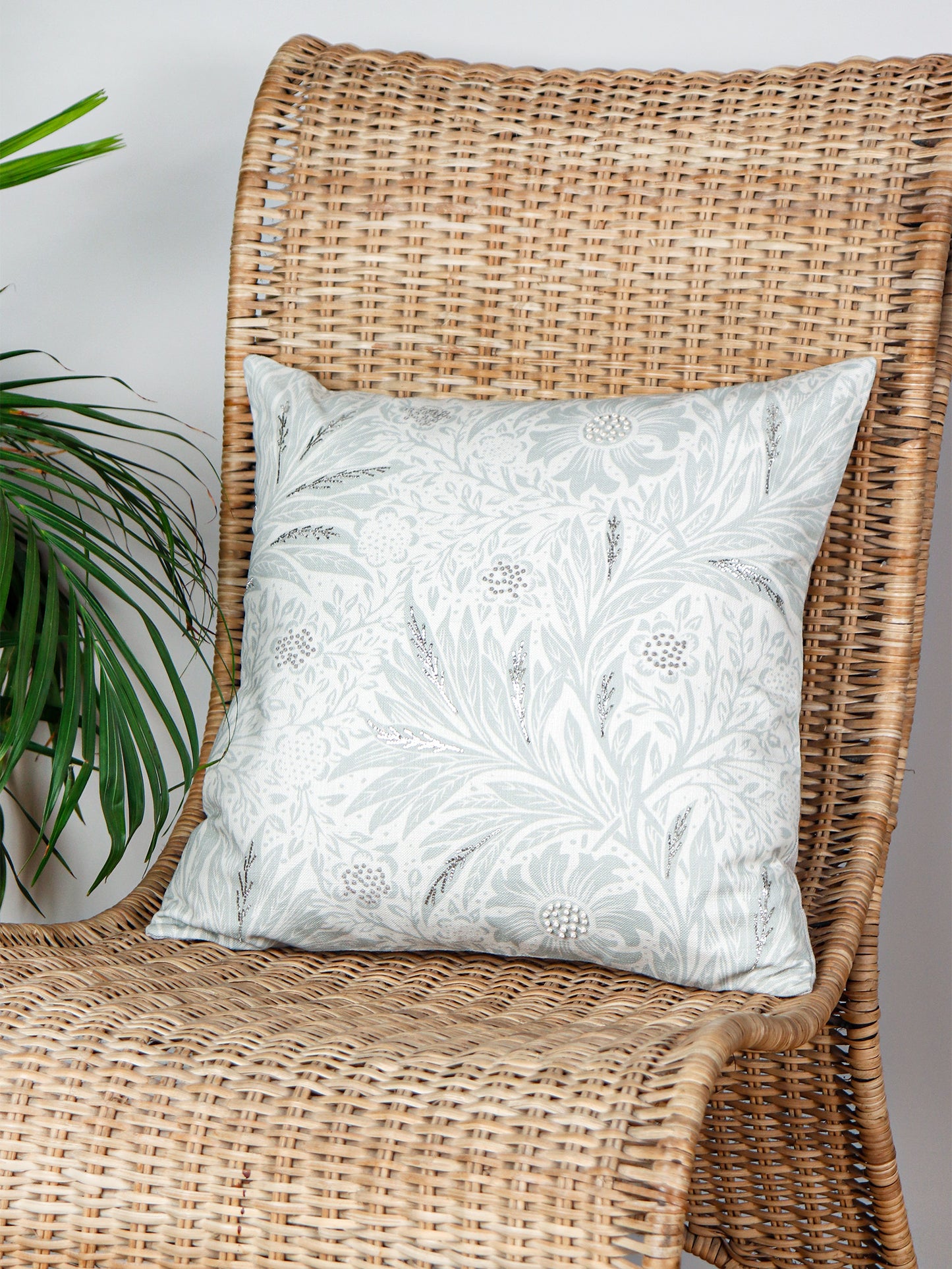 Hand Knotted with Beaten Zardozi Cushion Cover | Digitally Printed Mint Green - 16 x 16 Inches