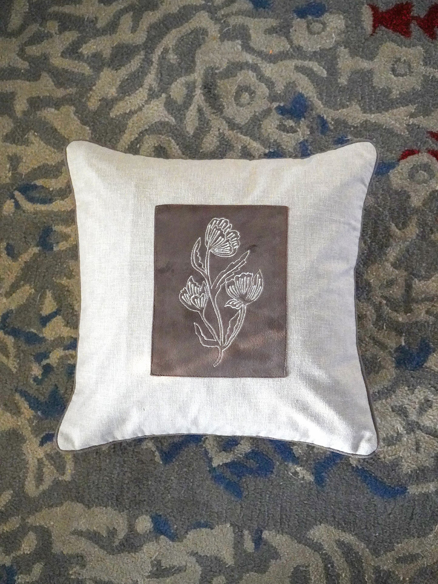 Polyester Blend Cushion Cover-Grey |Hand and Machine Embroidered|16x16 inch, set of 1