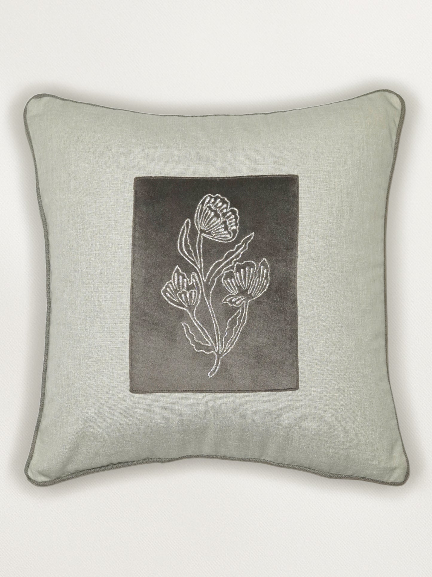 Polyester Blend Cushion Cover-Grey |Hand and Machine Embroidered|16x16 inch, set of 1