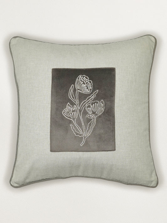 Polyester Blend Cushion Cover-Grey |Hand and Machine Embroidered|16x16 inch, set of 1