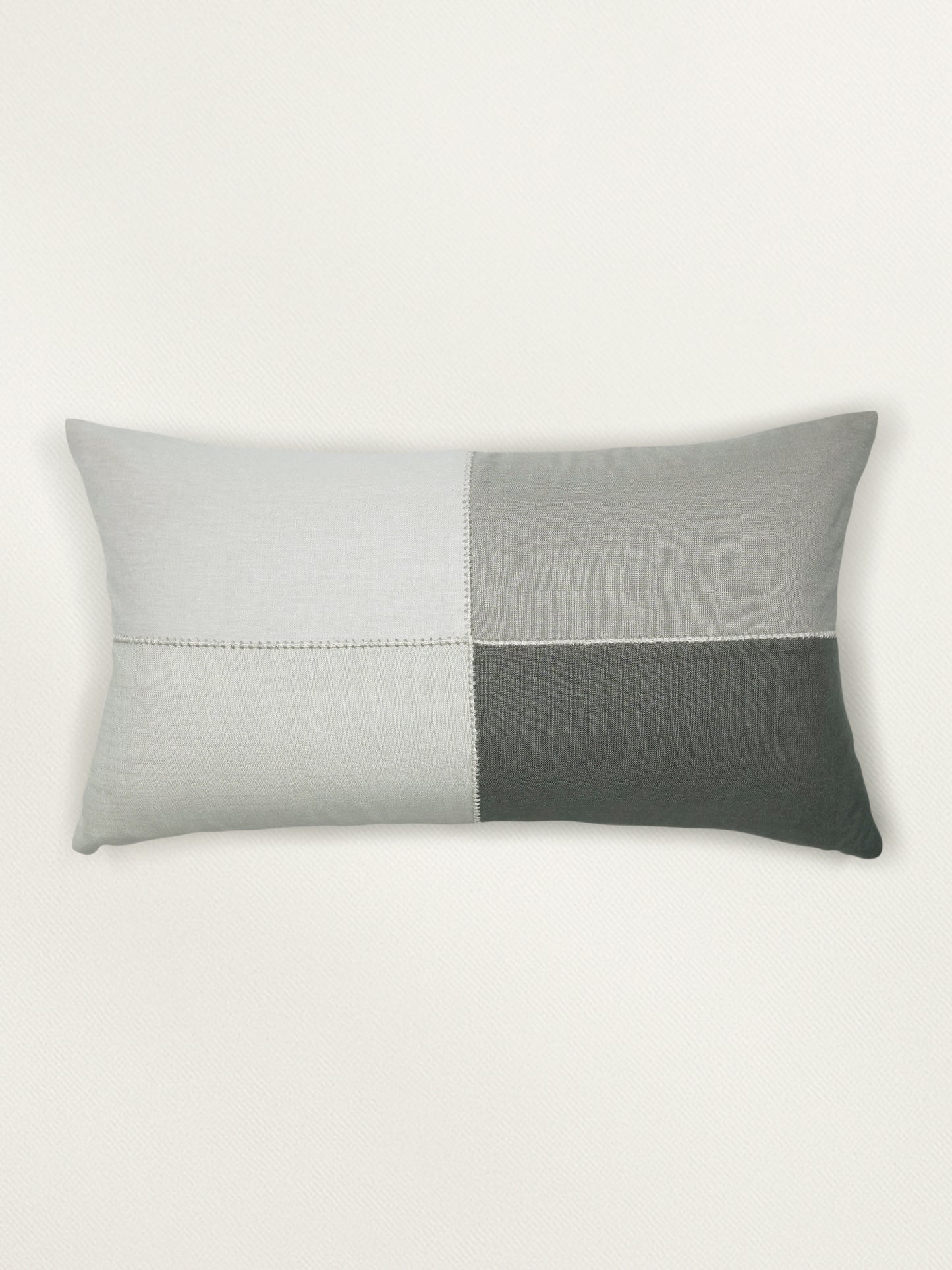 Poly Cotton Grey Cushion Cover- Patchwork & Hand Embroidery on Center Cord – 12x22 Inches (Set of 1)