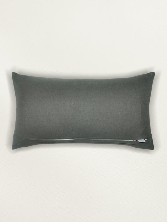Poly Cotton Grey Cushion Cover- Patchwork & Hand Embroidery on Center Cord – 12x22 Inches (Set of 1)