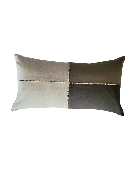Poly Cotton Grey Cushion Cover- Patchwork & Hand Embroidery on Center Cord – 12x22 Inches (Set of 1)