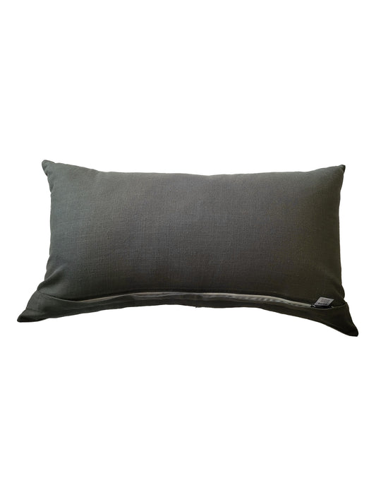 Poly Cotton Grey Cushion Cover- Patchwork & Hand Embroidery on Center Cord – 12x22 Inches (Set of 1)