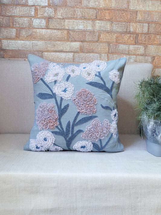 Polyester Blend  Blue Cushion Cover- Arri Work, Cord & Ribbon Hand Work, 16x16 inches, Set of 1