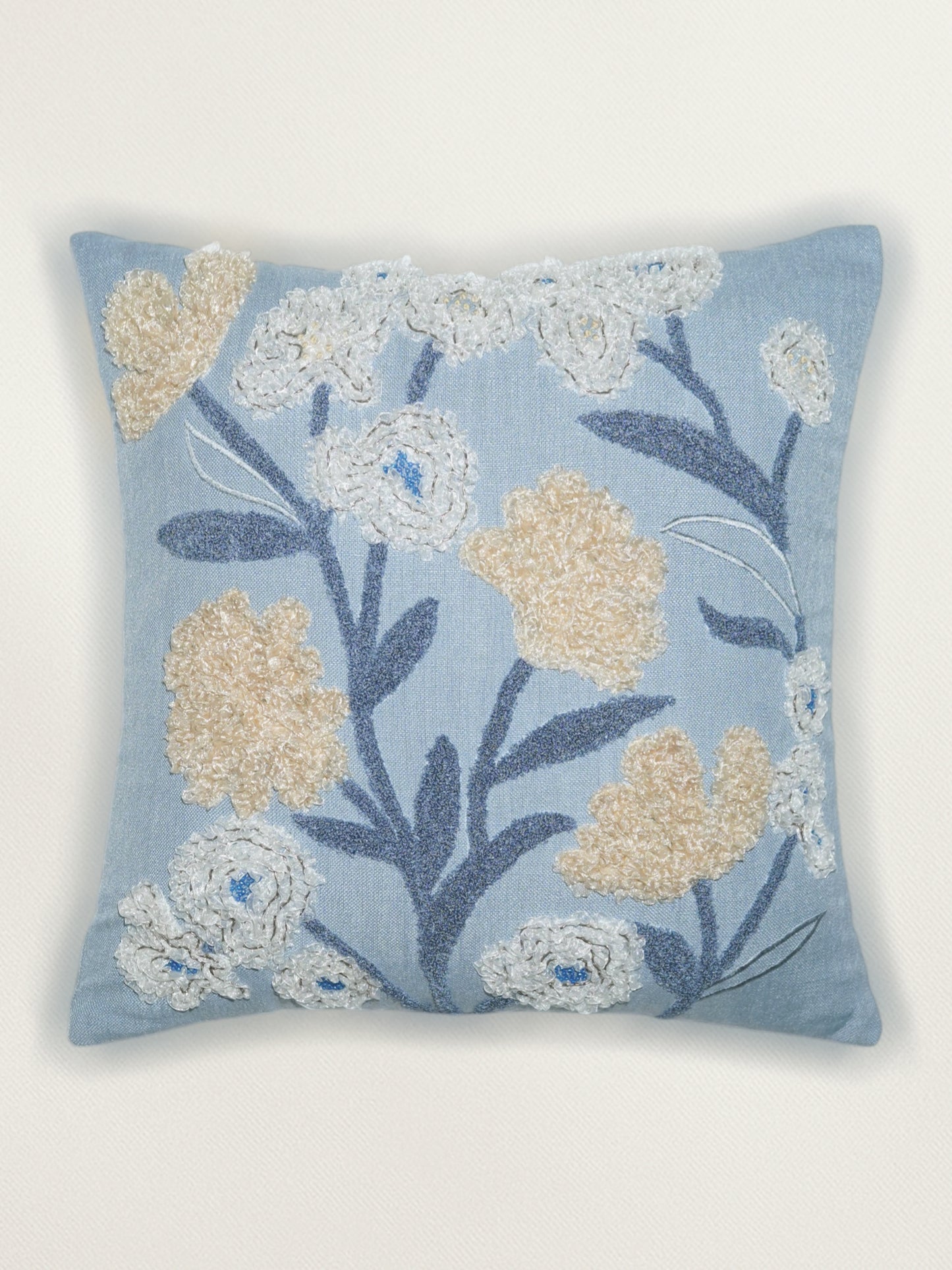 Polyester Blend  Blue Cushion Cover- Arri Work, Cord & Ribbon Hand Work, 16x16 inches, Set of 1
