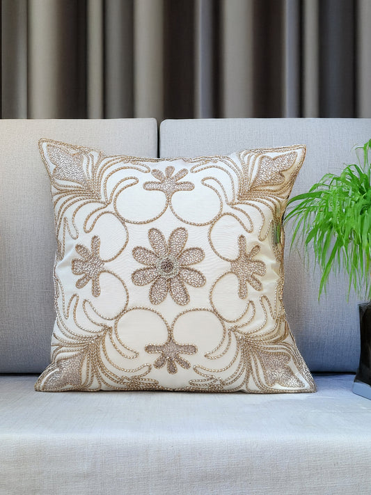 Polyester Blend Cushion Cover –   Cream, Handcrafted Cord work 16x16''