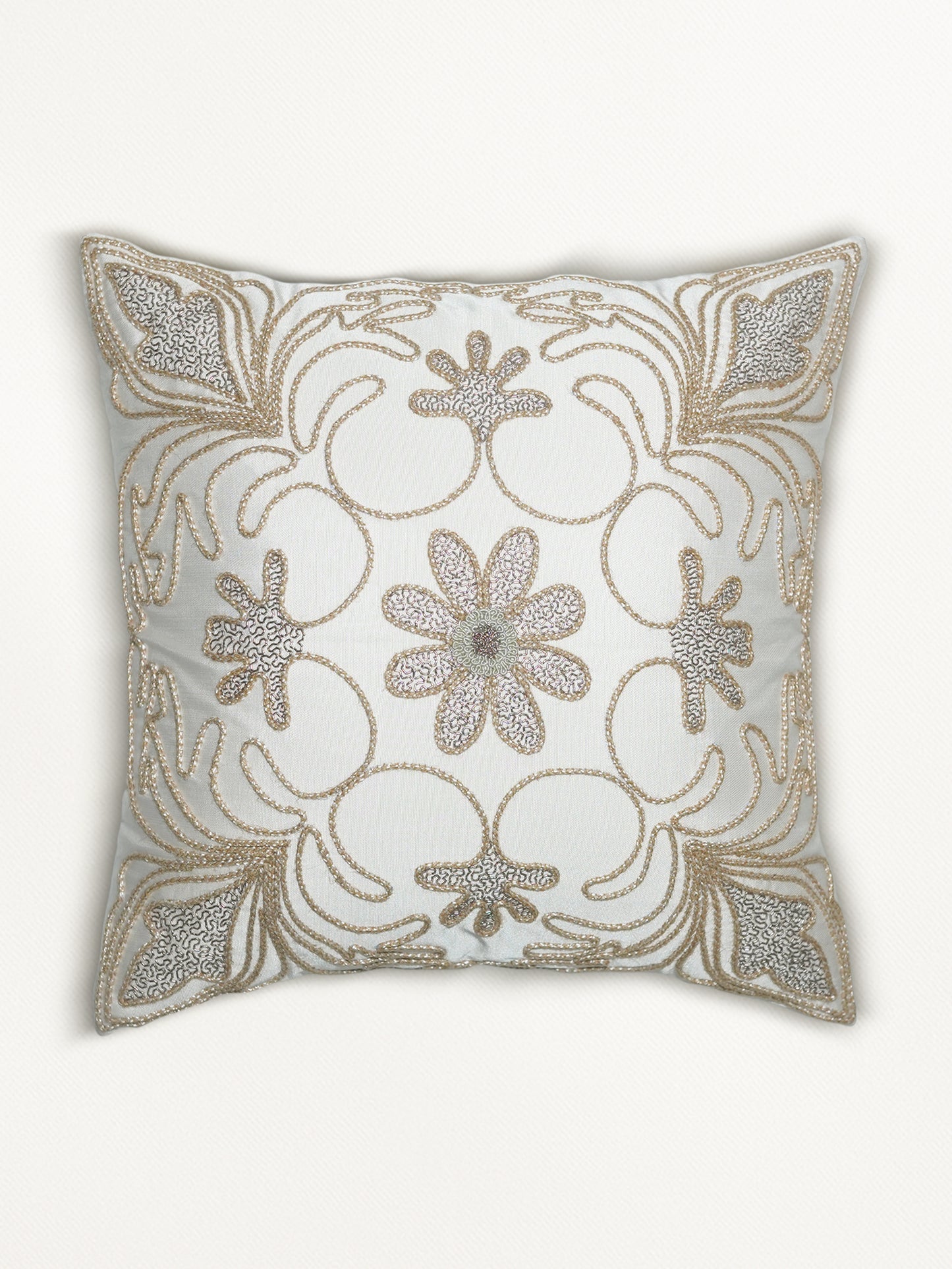 Polyester Blend Cushion Cover –   Cream, Handcrafted Cord work 16x16''