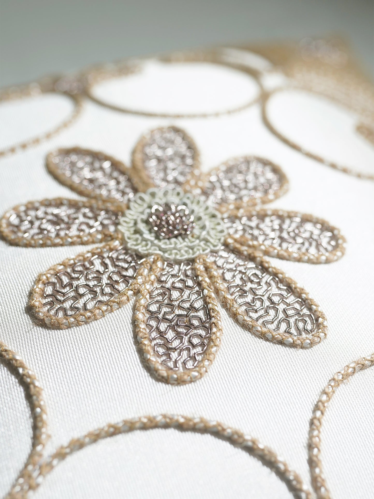 Polyester Blend Cushion Cover –   Cream, Handcrafted Cord work 16x16''