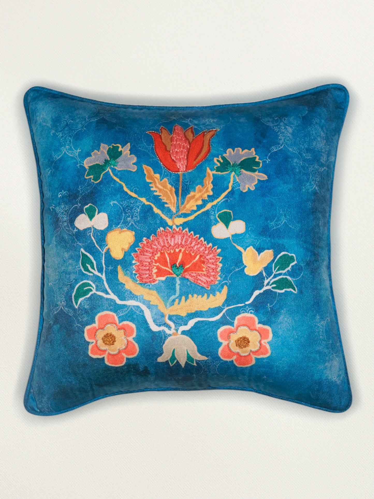 Velvet Blue Cushion Cover-Cord piping with Hand Embroidered Floral Pattern 16x16inches(set of 1)