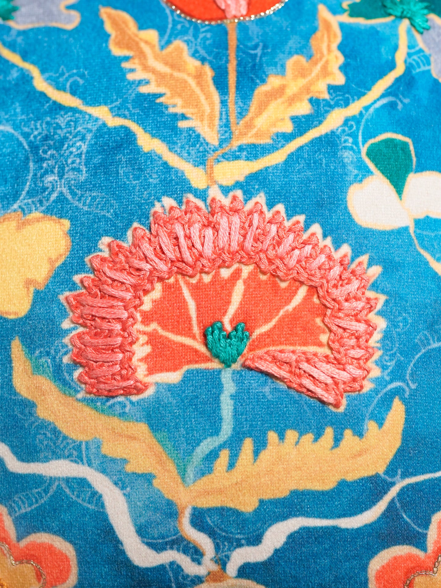 Velvet Blue Cushion Cover-Cord piping with Hand Embroidered Floral Pattern 16x16inches(set of 1)