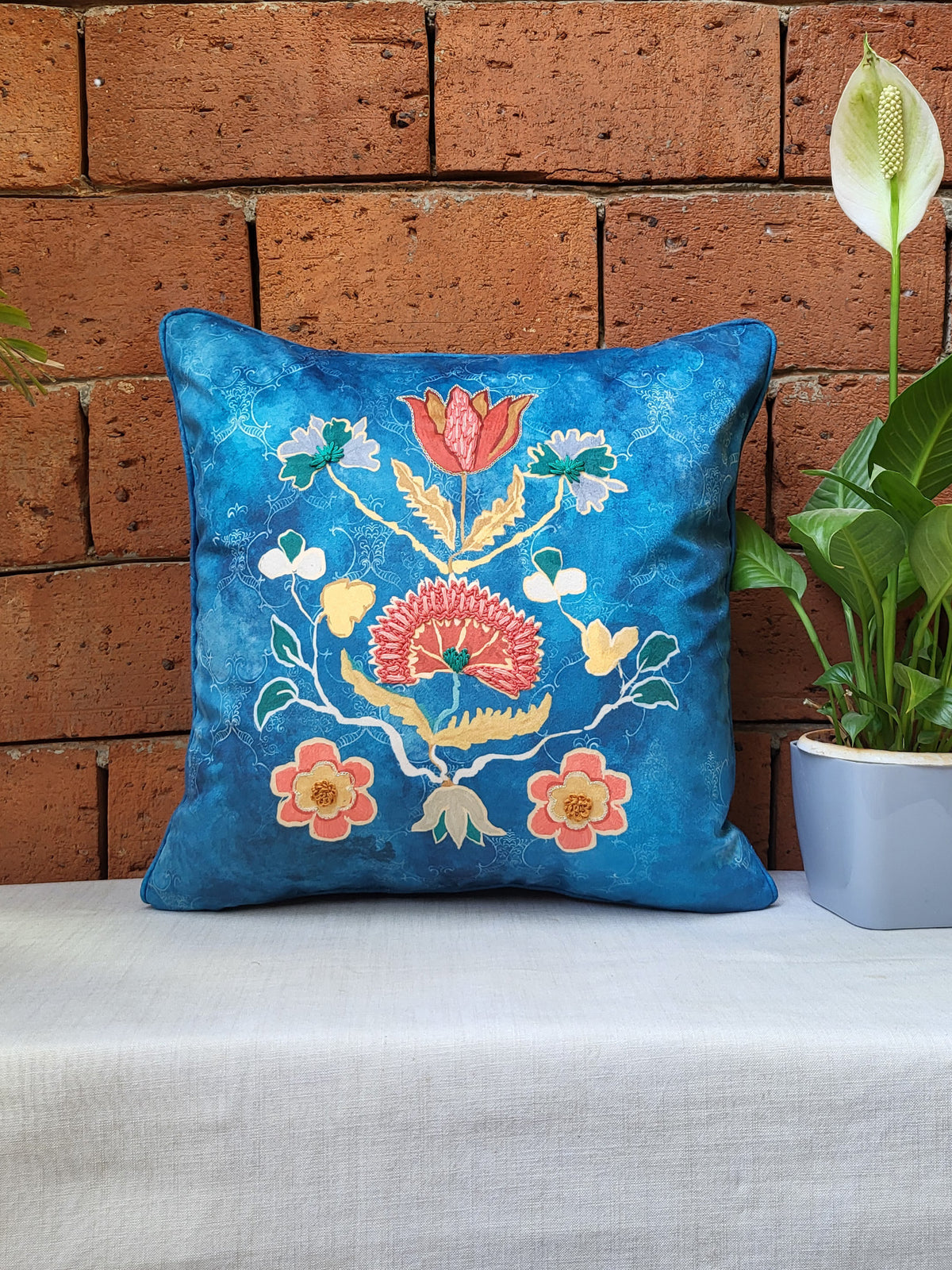 Velvet Blue Cushion Cover-Cord piping with Hand Embroidered Floral Pattern 16x16 inches (set of 1)