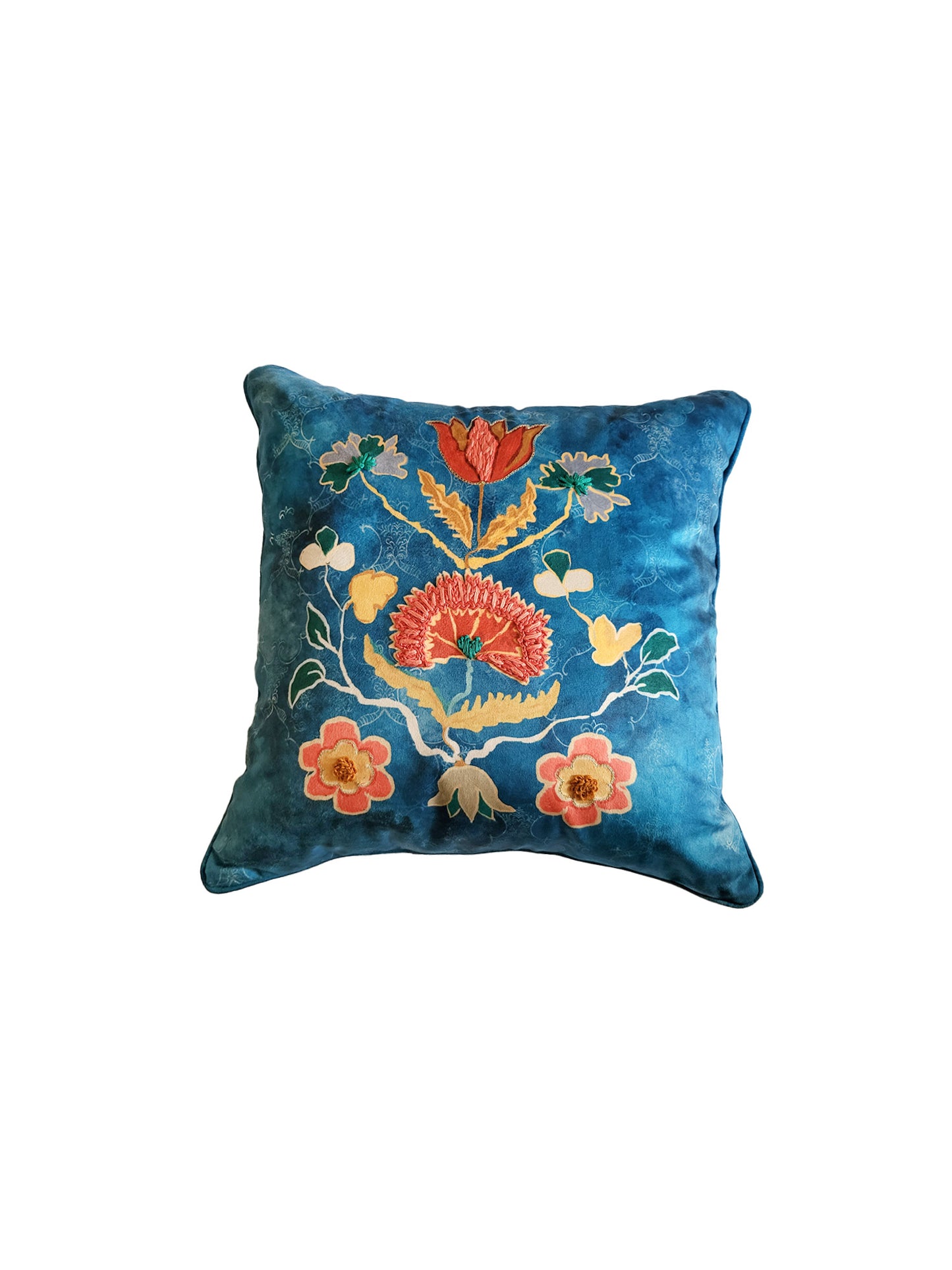 Velvet Blue Cushion Cover-Cord piping with Hand Embroidered Floral Pattern 16x16inches(set of 1)