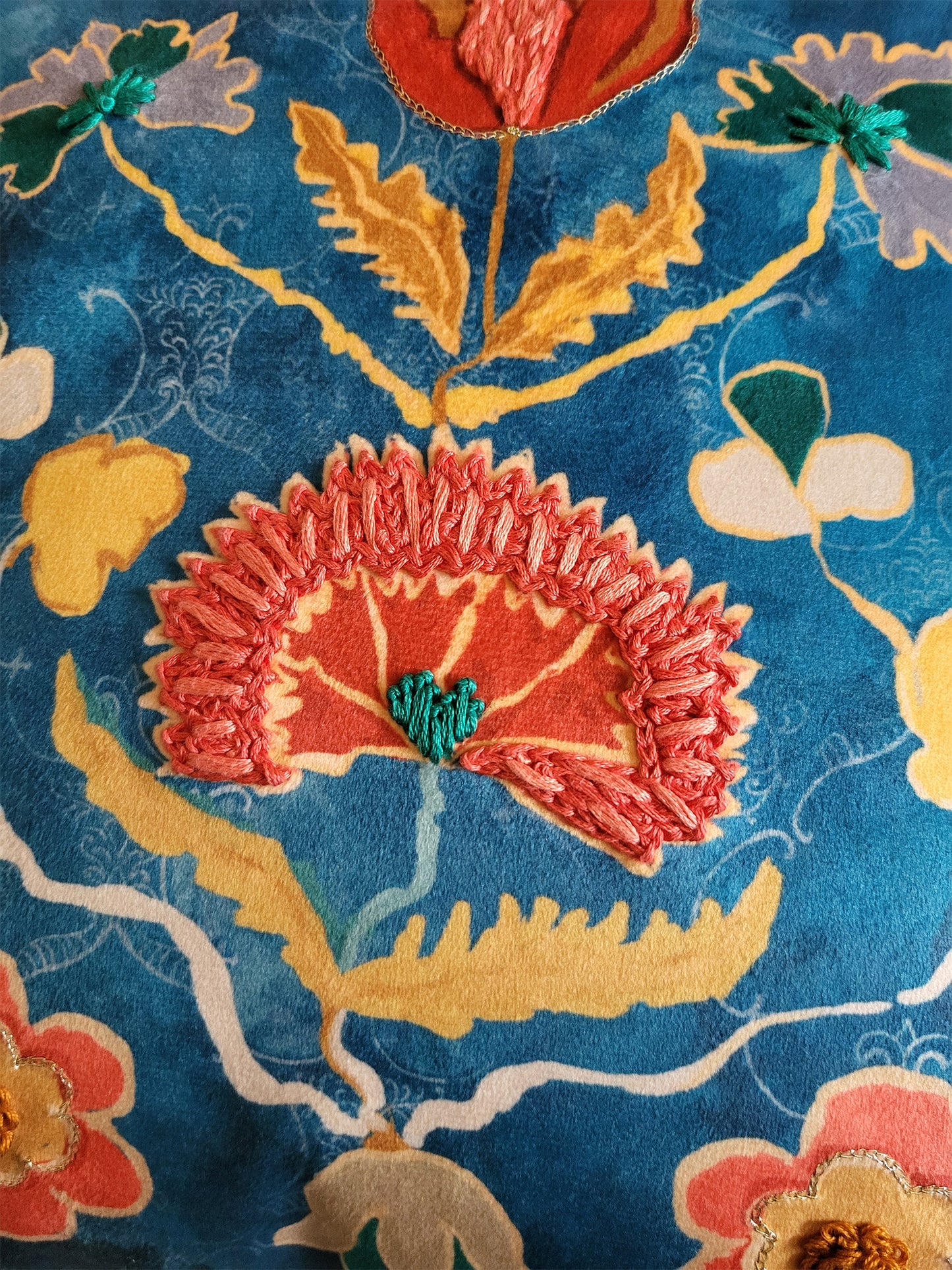 Velvet Blue Cushion Cover-Cord piping with Hand Embroidered Floral Pattern 16x16inches(set of 1)