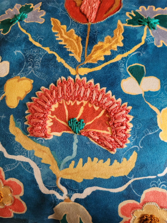 Velvet Blue Cushion Cover-Cord piping with Hand Embroidered Floral Pattern 16x16inches(set of 1)