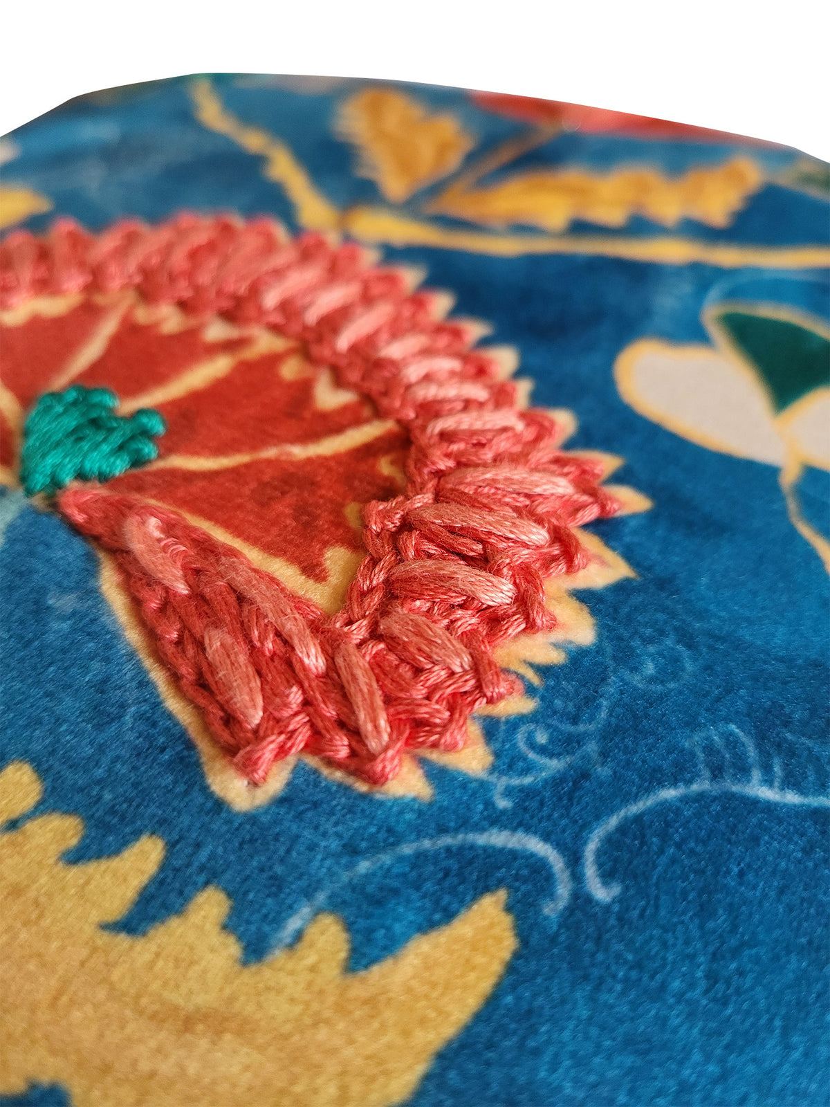 Velvet Blue Cushion Cover-Cord piping with Hand Embroidered Floral Pattern 16x16 inches (set of 1)