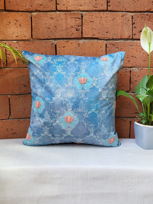 Velvet Blue Cushion Cover -Digital Print of Jaali pattern|Hand Embroidered Floral Pattern 18x18inches (set of 1)