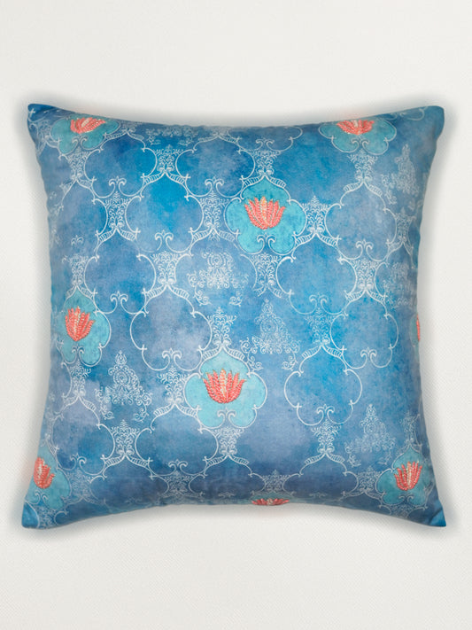 Velvet Blue Cushion Cover -Digital Print of Jaali pattern|Hand Embroidered Floral Pattern 18x18inches (set of 1)