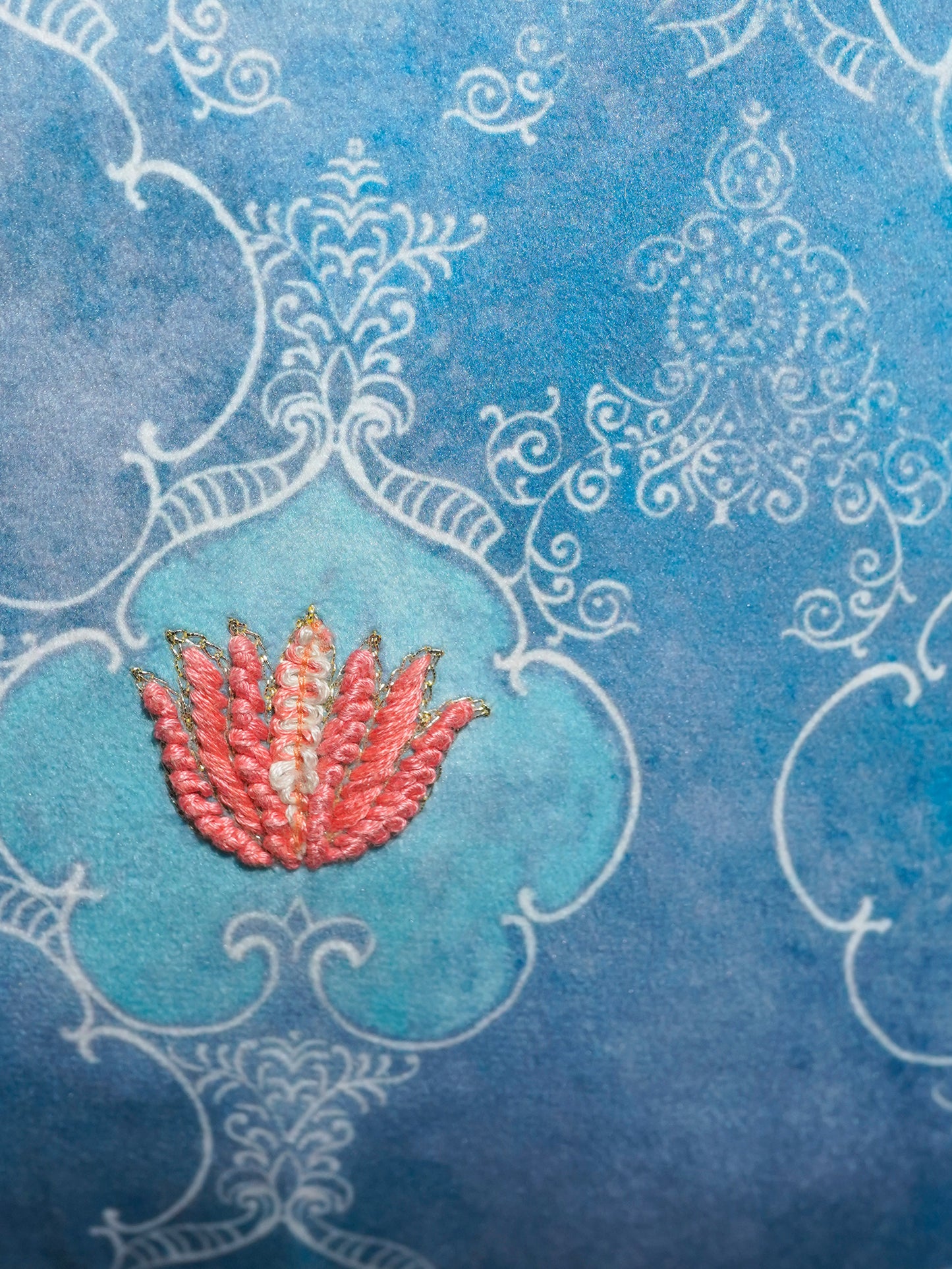 Velvet Blue Cushion Cover -Digital Print of Jaali pattern|Hand Embroidered Floral Pattern 18x18inches (set of 1)