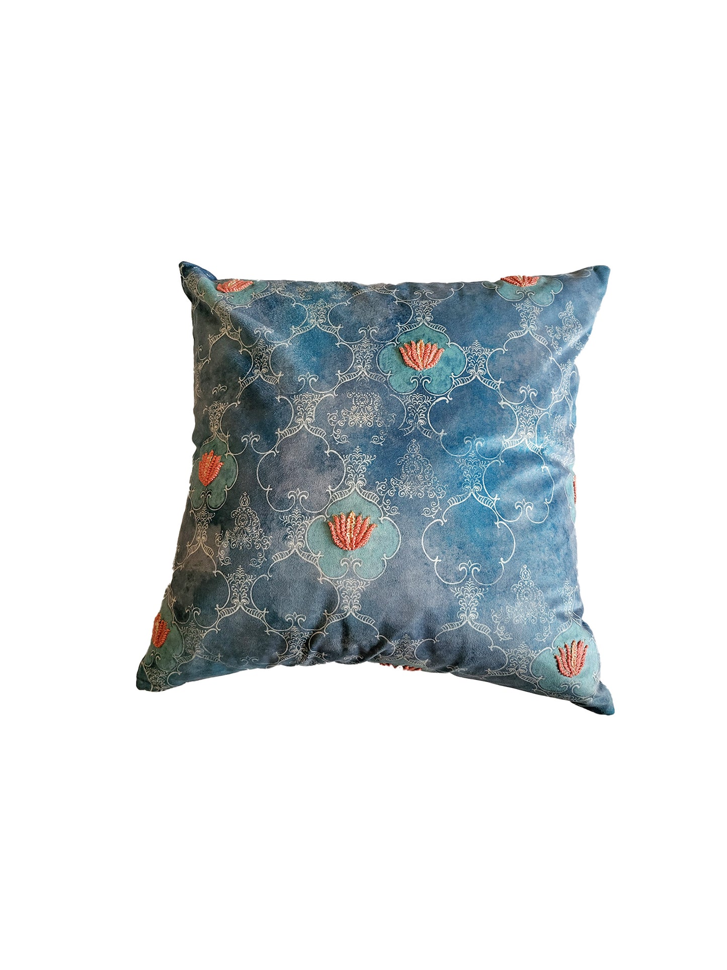Velvet Blue Cushion Cover -Digital Print of Jaali pattern|Hand Embroidered Floral Pattern 18x18inches (set of 1)