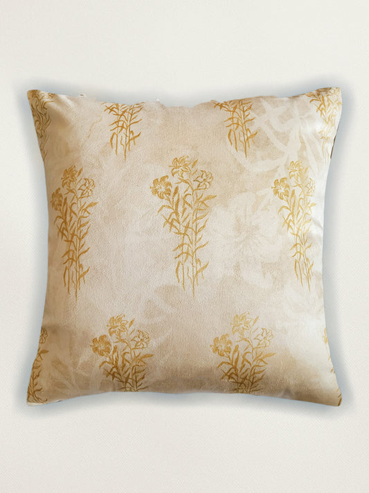 Velvet Cushion Cover-Floral Pattern|Contrast Cord Piping |Beige 16x16 Inches (Set of 1)
