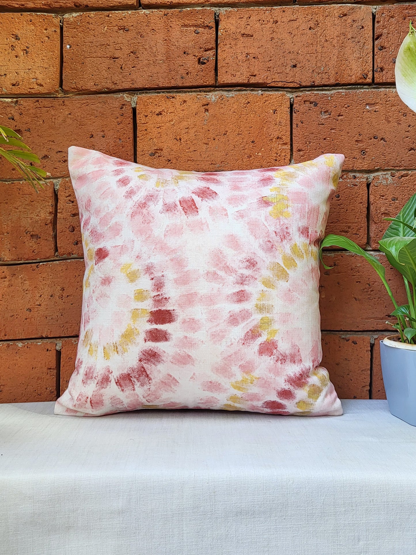 Poly Cotton Light Pink Cushion Cover -Digital Print |Hand-Painted Gold Strokes – 16x16 Inches (Set of 1)