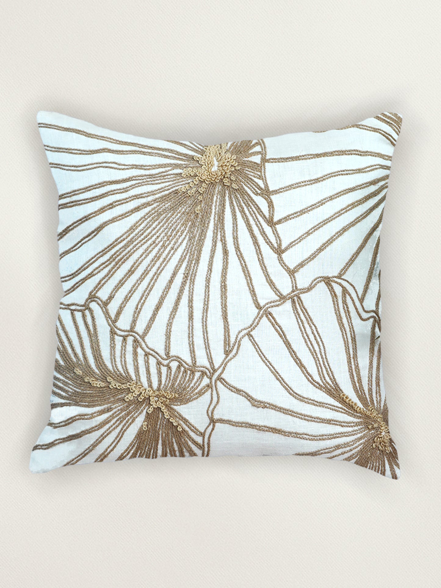 ZEBA  Hand Embroidered Cushion Cover - Luxe Collection | Sofa, Bedroom, Couch | Floral Embroidery | Off White - Cotton Blend | 16x16 inch (40x40 cms) (Pack of 1)