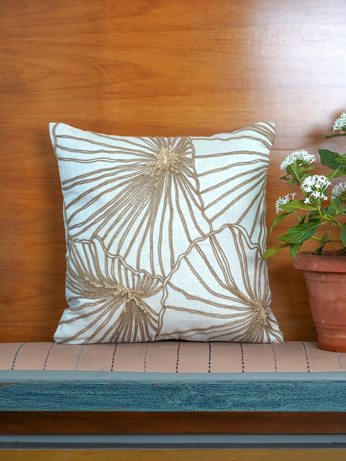 ZEBA  Hand Embroidered Cushion Cover - Luxe Collection | Sofa, Bedroom, Couch | Floral Embroidery | Off White - Cotton Blend | 16x16 inch (40x40 cms) (Pack of 1)
