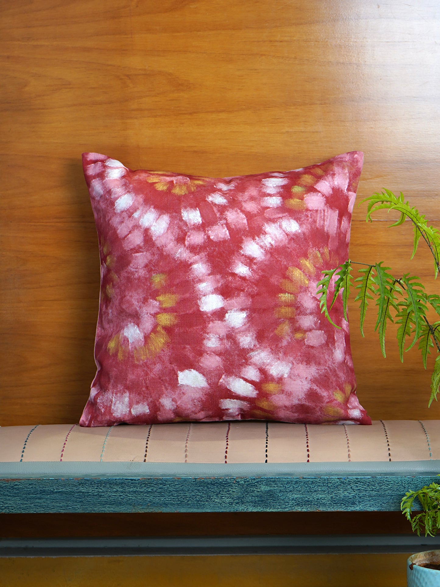 Poly Cotton Pink Cushion Cover -Digital Print |Hand-Painted Gold Strokes – 16x16 Inches (Set of )