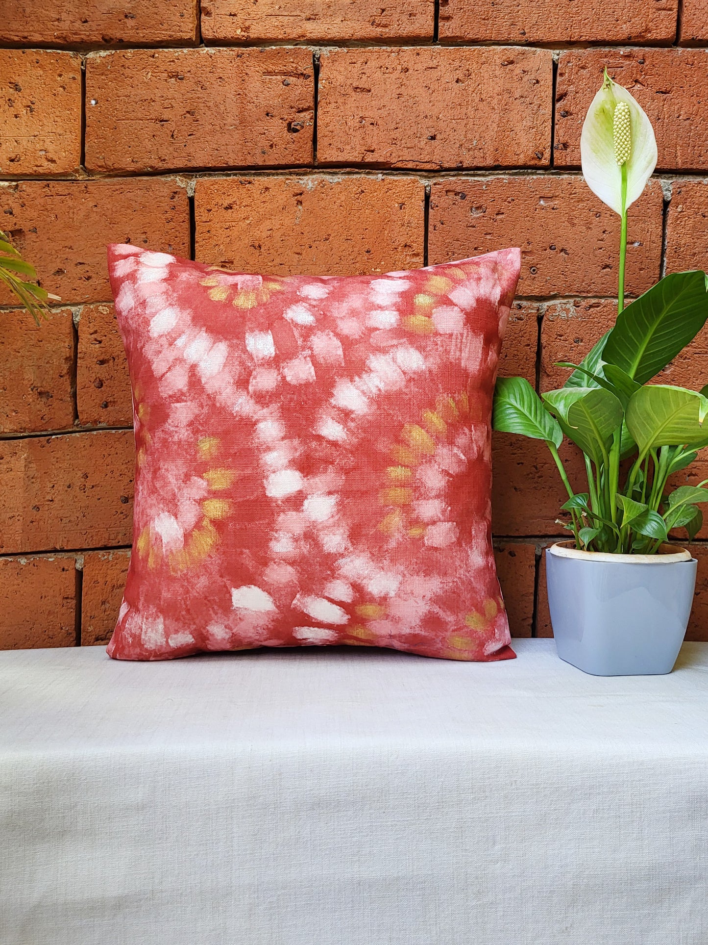 Poly Cotton Pink Cushion Cover -Digital Print |Hand-Painted Gold Strokes – 16x16 Inches (Set of )