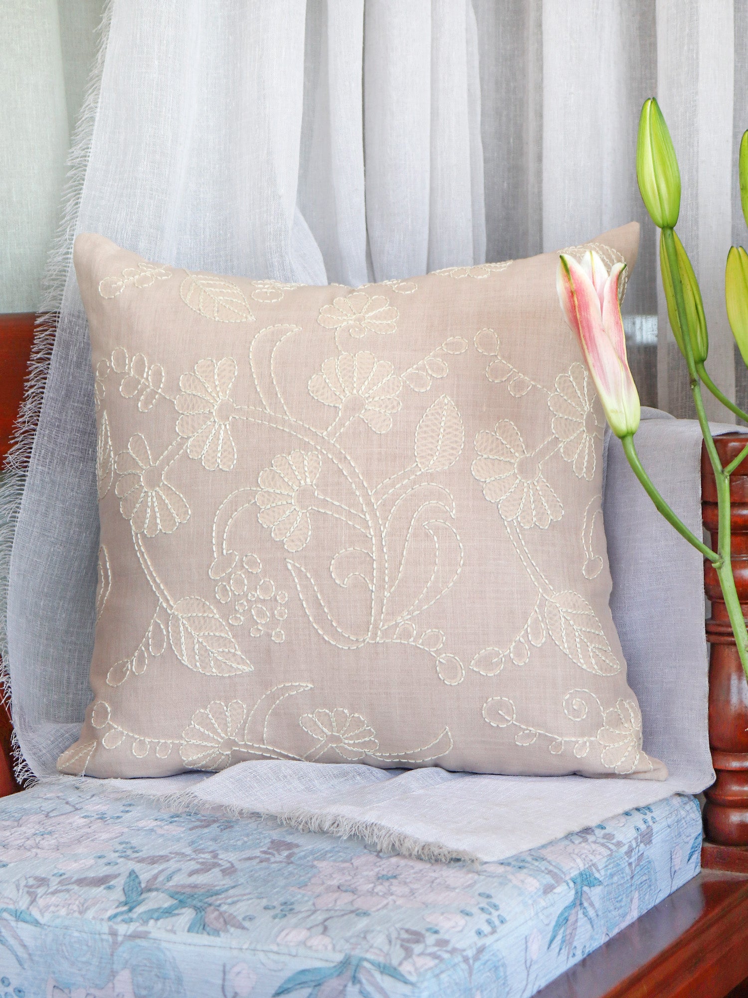 Hand Embroidery Cushion Cover | Floral Design - Cotton 16 x 16inches