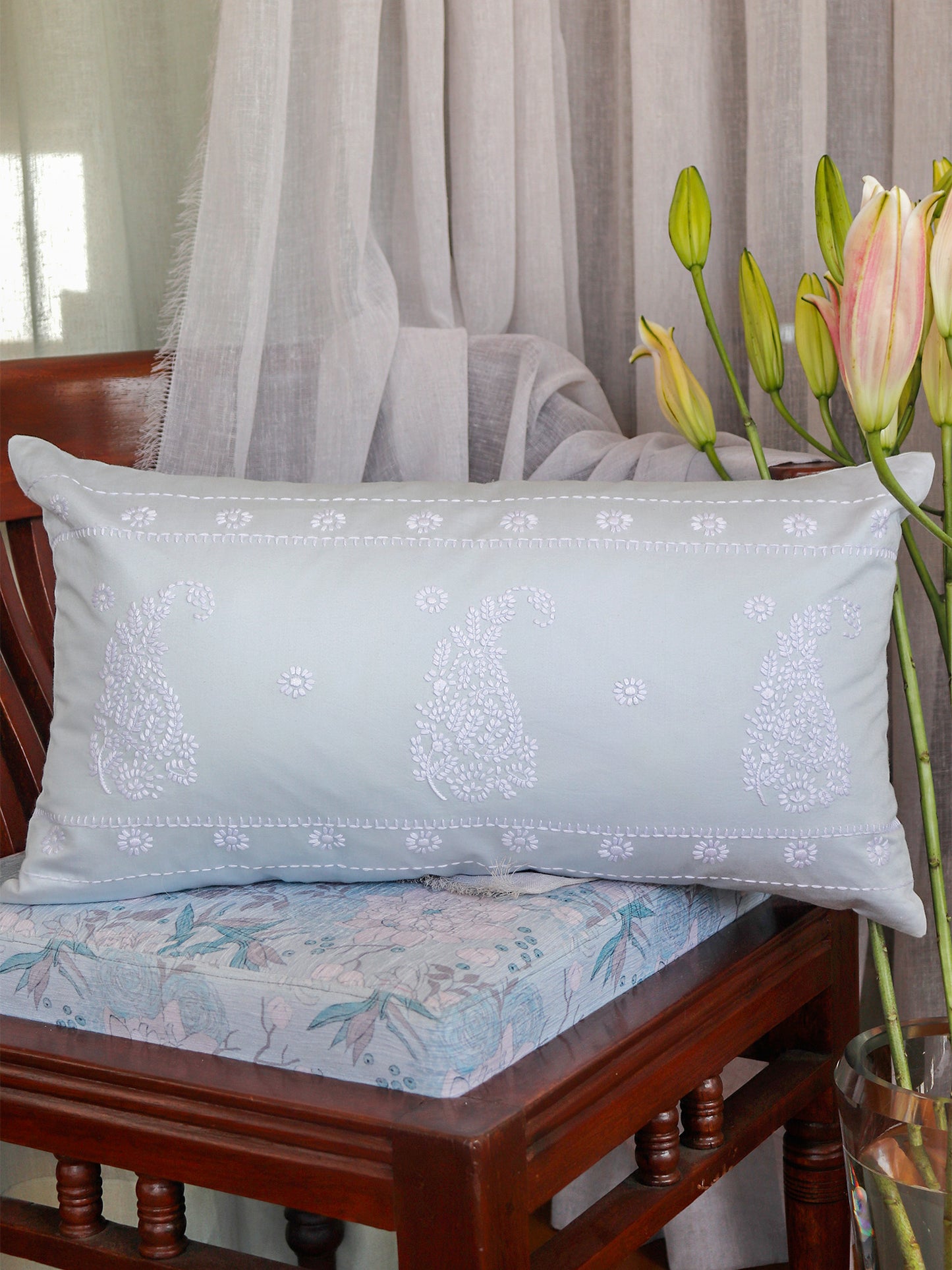 Hand Embroidery Cushion Cover | Paisley Design - Cotton 12 x 22 inches